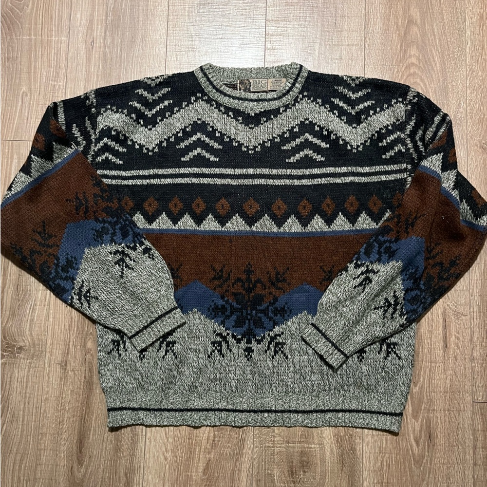 Men's Vintage Big Bear Trading Geometric Knit Sweater - Black, Brown, Gray Sz L